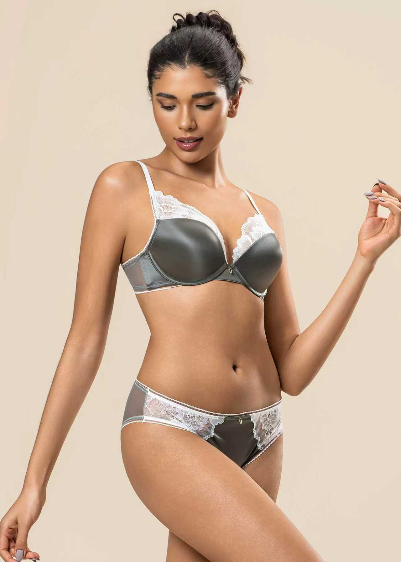 ALINA Sage Green Plunge Bra With White Floral Lace